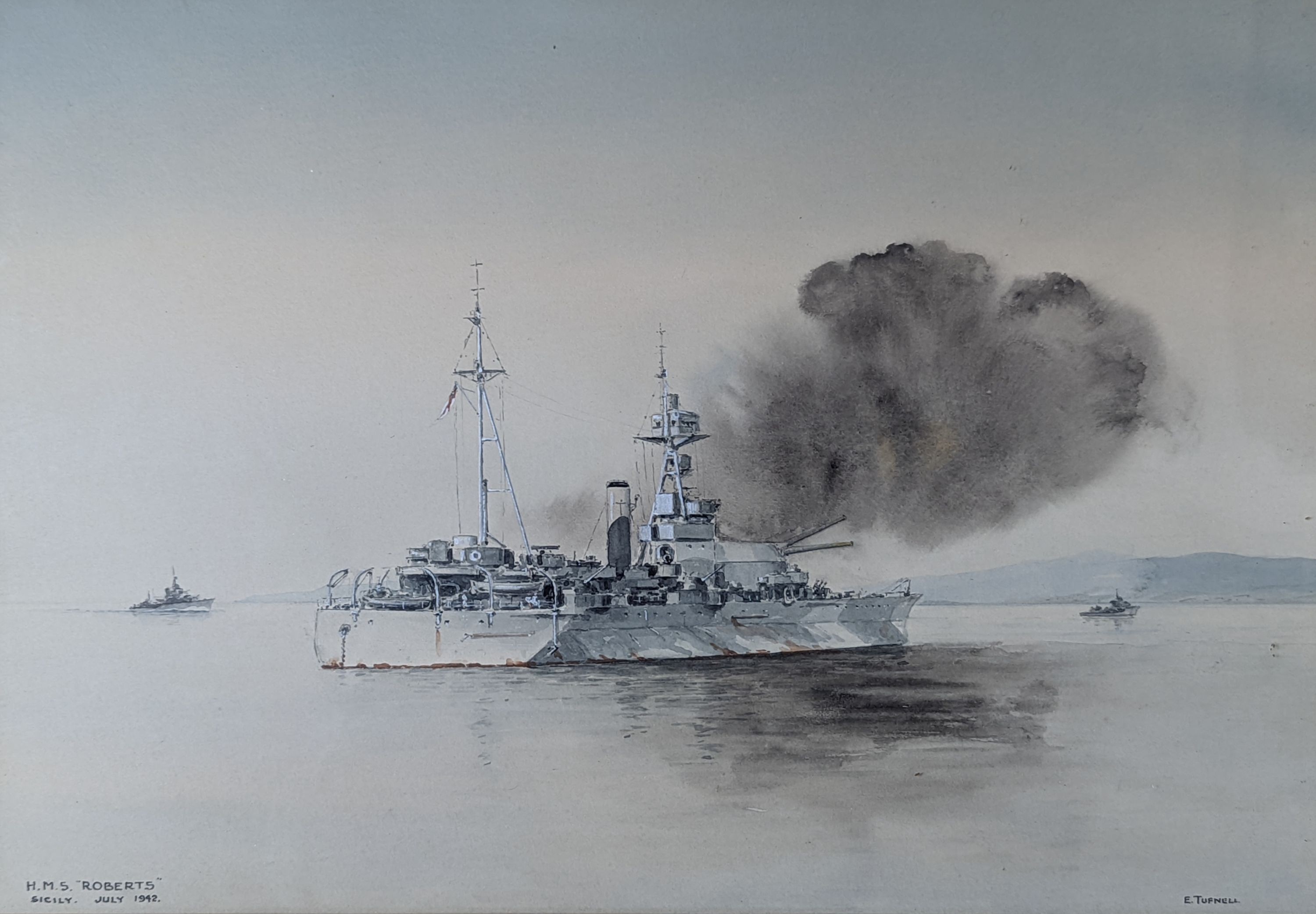 Eric Tuffnell (1888-1978), watercolour, 'HMS Roberts, Sicily July 1942', signed, 25 x 37cm